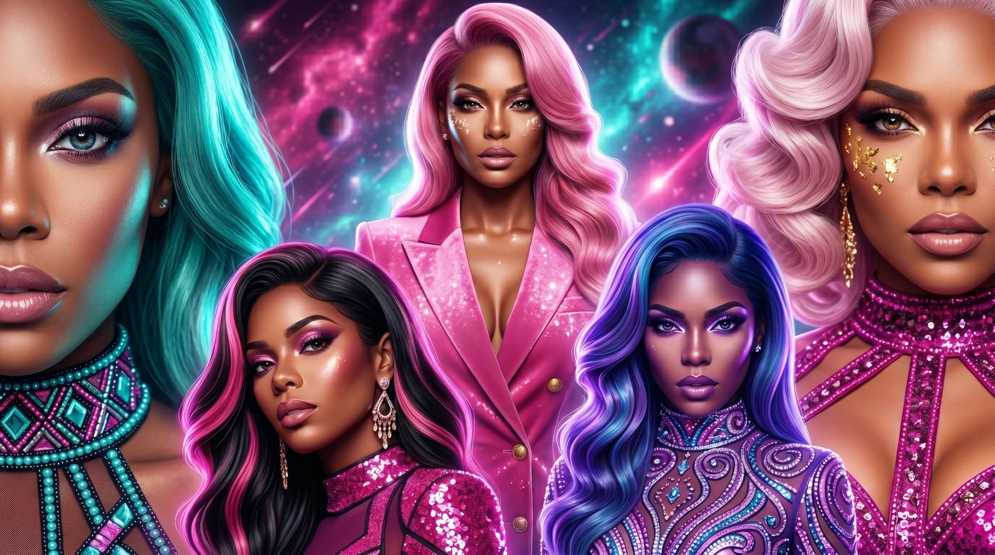 The sisters gathered against a pink and cyan nebula
